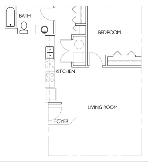 Floor plan for 1 bed, 1 bath, 765 sqft